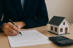 Abogado firmando una escritura hipotecaria junto a una maqueta de vivienda y una calculadora sobre la mesa en un despacho profesional.