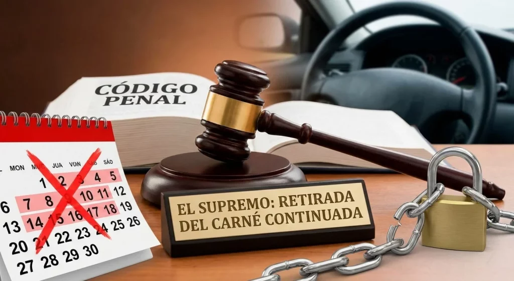 Mazo judicial sobre el Código Penal, calendario tachado y volante con candado y cadena, representando la retirada continuada del carné de conducir según el Supremo.