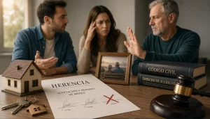 Tres herederos discuten la firma de una herencia mientras un documento de aceptación, una maqueta de una vivienda y un mazo judicial simbolizan un conflicto sucesorio.